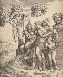 左边的潘坐在一个站立的仙女旁边，右边的丘比特拿着铙钹，1531-76。 作者 朱利奥·博纳松