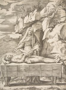 皮耶塔，基督在风景中的桌子上伸展，圣母站在手臂后面......，1531-76。 作者 朱利奥·博纳松