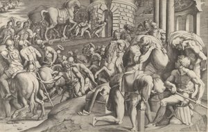 特洛伊人拖着木马进入特洛伊，1545年。 作者 朱利奥·博纳松
