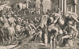 特洛伊人拉着木马进城，1545年。 作者 朱利奥·博纳松