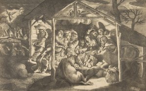 牧羊人的崇拜，各种人物围绕着基督的孩子在一起，1531-76。 作者 朱利奥·博纳松