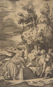 埋葬基督，左侧背景是髑髅地上的十字架，1563年。 作者 朱利奥·博纳松