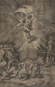 复活的基督，右手拿着旗帜，士兵们围着他，1561年。 作者 朱利奥·博纳松