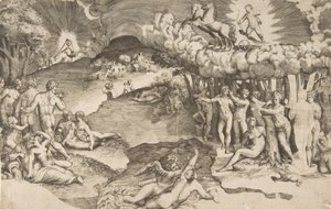 爱情的胜利，丘比特骑着独角兽拉的战车在右上方，赤身裸体...，1545年。 作者 朱利奥·博纳松
