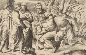 两个萨提尔把西勒努斯国王米达斯带到左边，1531-76。 作者 朱利奥·博纳松
