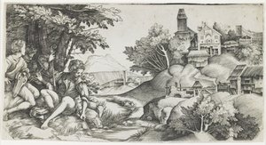牧羊人在风景中，c。 1517年至1518年 作者 朱利奥·坎帕尼奥拉（Giulio Campagnola）