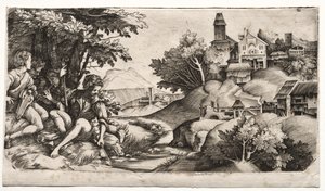 牧羊人在风景中c。 1517。 作者 朱利奥·坎帕尼奥拉（Giulio Campagnola）