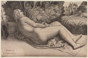 金星斜倚在风景中，约1508-09年 作者 朱利奥·坎帕尼奥拉（Giulio Campagnola）