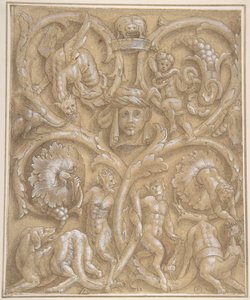 饰面板的设计，其中有Rinceaux, Satyrs, Putti, Monsters和一个人头，1535-45。 作者 朱利奥·坎皮。