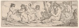 Bacchanal，萨提尔弹着琵琶，周围有四个人物，他们看向一个S...，1640-60。 作者 朱利奥·卡尔皮奥尼