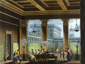 古希腊用油灯点亮的 Triclinium：宴会场景 - 朱尔斯·费拉里奥 (Jules Ferrario) 编的《古老与现代的服装》。 米兰