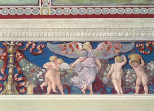 来自相机的弗里兹con Fregio di Amorini丘比特弗里兹室摔跤丘比特的细节，1520年代壁画 作者 朱利奥·罗马诺