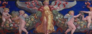 来自相机的弗里兹con Fregio di Amorini丘比特弗里兹的房间详细的天使穿着金色的裙子，展开翅膀，1520年代壁画 作者 朱利奥·罗马诺