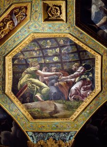 妇女们收集葡萄，天花板沉箱，来自爱和灵魂大厅，1528年（灰泥上的油） 作者 朱利奥·罗马诺