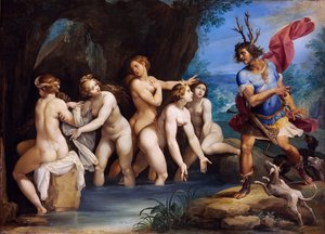 戴安娜和阿克泰翁 - 朱塞佩·切萨里 (Giuseppe Cesari) 绘画（1568-1640），铜上油画，约 1604 年，50x69 厘米 - 戴安娜和阿克泰翁，朱塞佩·切萨里 (Giuseppe Cesari) 铜上油画 - Szepmuveszeti Muzeum，布达佩斯