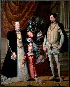 马克西米利安二世皇帝（1527-1576）和他的家人。西班牙的玛丽（1528-1603）和他们的孩子安妮（1549-1580）、罗多尔夫（1552-1612）和欧内斯特（1553-1591） 画家：朱塞佩-阿金博尔迪（或阿金博尔多）（1527-1593）1553年 太阳。188x240厘米 安布拉斯城堡，In 作者 朱塞佩·阿辛博多