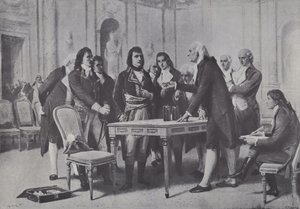 亚历山德罗·沃尔塔（Alessandro Volta）向法国第一领事拿破仑展示他的电池，1801年