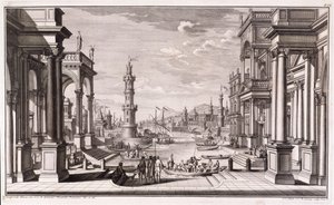 小型港口，巴洛克风格的柱子，来自&39;Architectus Theatralis Primarius&39;，于1740年出版 作者 朱塞佩·比比耶纳（Giuseppe Bibiena）