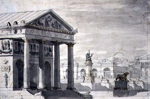 新古典主义舞台布景，约1825年（纸上笔墨和棕褐色水墨）。