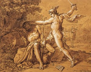 意大利，水星杀死阿古斯以拯救仙女，朱塞佩·卡马拉诺（Giuseppe Cammarano，1766-1859 年）由艺术家送给加埃塔诺·多尼采蒂（Gaetano Donizetti）的绘画
