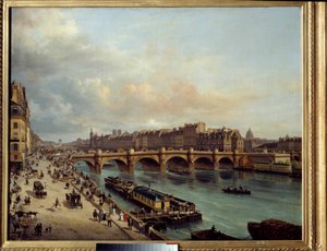 La cite et le Pont Neuf 从 Quai du Louvre 看到在前景中，洗船 (boat-wash) 和塞纳河畔的伟大活动。 Canella Giuseppe Canella l