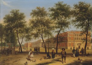 普拉多大道（Paseo del Prado）与普拉多博物馆（Prado Museum）的推测视图，马德里，1827年