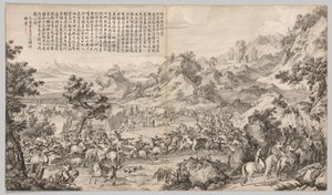 攻击加坦·奥拉（Gatan Ola）的营地：摘自叛乱镇压的战斗场景...，c。 1765-1774年。 作者 郎世宁