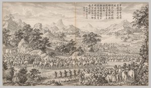 从伊犁受降：选自《西域平叛战记》，附御制诗歌 作者 郎世宁