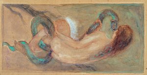 朱塞佩·吉利奥利 (Giuseppe Giglioli) 的《夏娃水彩画》（1881-1930）暗淡 11x23 厘米基因，现代艺术画廊，编号 0163 作者 朱塞佩·吉利奥利（Giuseppe Giglioli）