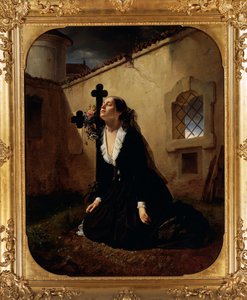 朱塞佩-莫尔特尼（1800-1867）在丈夫的坟墓前哀叹失去亲人或马纳拉上校的妻子，布面油画。