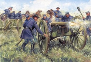 美国内战：北方（联邦）士兵在战斗中使用枪支 - 插图：Giuseppe Rava 作者 朱塞佩·拉瓦（Giuseppe Rava）