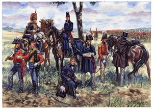 第一帝国：1815 年 6 月 18 日滑铁卢战役中的威灵顿公爵参谋部 - 插图：Giuseppe Rava 作者 朱塞佩·拉瓦（Giuseppe Rava）