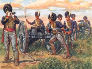 第一帝国：第一帝国：1815 年滑铁卢战役中装填大炮的英国炮兵士兵 - 第一帝国：1815 年滑铁卢战役中装填大炮的英国炮兵士兵 - 插图：Giuseppe Rava 作者 朱塞佩·拉瓦（Giuseppe Rava）