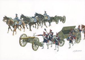 第一帝国：让-巴蒂斯特-德-格里贝奥瓦（Jean Baptiste de Gribeauval，1715-1789 年）的格里贝奥瓦炮兵系统，他在路易十五时期重组了炮兵 - 第一帝国：格里贝奥瓦系统自 1765 年起为法国炮兵引入了改进的技术 - 吉斯的插图 作者 朱塞佩·拉瓦（Giuseppe Rava）