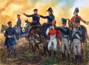 拿破仑战争：威灵顿公爵亚瑟-韦尔斯利（1769-1852 年）指挥英军，布卢彻（1742-1819 年）指挥普鲁士军队参加 1815 年 6 月 18 日的滑铁卢战役--（拿破仑战争：威灵顿公爵的指挥官）。 作者 朱塞佩·拉瓦（Giuseppe Rava）