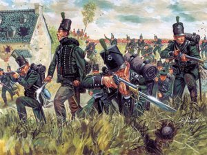 拿破仑战争：1815 年 6 月 18 日滑铁卢战役中第 95 飞行团的英国步枪手保卫采沙场 -（拿破仑战争：1815 年 6 月 18 日滑铁卢战役中英国步枪手保卫采沙场）插图：Giusep 作者 朱塞佩·拉瓦（Giuseppe Rava）