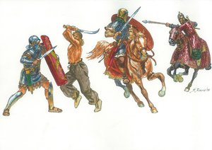 罗马军团士兵与达契亚战士和罗马骑兵对抗萨尔马特凯特弗莱克人 作者 朱塞佩·拉瓦（Giuseppe Rava）