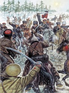 俄罗斯内战（1917-1923 年）：1919 年站在白军一边的高加索士兵 - 俄罗斯内战：1919 年哥萨克与白俄军队作战 - 朱塞佩-拉瓦插图 作者 朱塞佩·拉瓦（Giuseppe Rava）