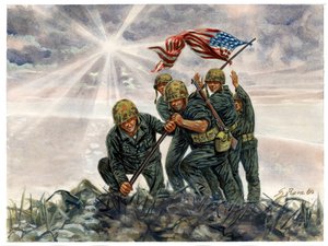 第二次世界大战，太平洋战争：硫磺岛战役，1945 年 2 月美国海军陆战队的胜利 - 第二次世界大战，太平洋战争：硫磺岛战役（支队行动），美国海军陆战队升起美国国旗，1945 年 2 月，日本 - 插图：Giuseppe Rava 作者 朱塞佩·拉瓦（Giuseppe Rava）
