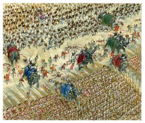公元前 327 年，亚历山大和普鲁斯在海达斯佩斯战役中交战 - 亚历山大大帝继续征服印度河流域 - 亚历山大大帝在海达斯佩斯战役中对阵普鲁斯国王 - 插图：Giuseppe Rava 作者 朱塞佩·拉瓦（Giuseppe Rava）