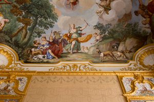 戴安娜神话的再现，由 Domenico 和 Giuseppe Valeriani，壁画，卧室的拱形天花板，国王的公寓，狩猎住宅，由 Filippo Juvarra（1678-1736），Stupinigi，皮埃蒙特，意大利 作者 朱塞佩和瓦莱里亚尼多梅尼科瓦莱里亚尼