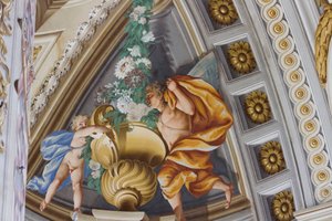 意大利皮埃蒙特Stupinigi的Filippo Juvarra(1678-1736)的狩猎住宅，翼状外墙，中央大厅有Domenico和Giuseppe Valeriani的壁画。 作者 朱塞佩和瓦莱里亚尼多梅尼科瓦莱里亚尼