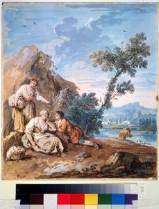 三个农民在河岸上休息。朱塞佩-泽斯（1709-1784 年）的作品。纸面水彩画，29.5 x 26.2 厘米，约 1750 年，威尼斯画派，18 世纪意大利绘画。普希金美术博物馆、