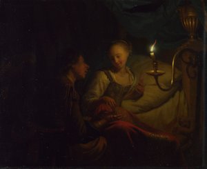 一个烛光场景。一个男人向坐在床上的女孩提供金链和硬币，约1665-1667年 作者 戈弗里德·科内利斯·沙尔肯