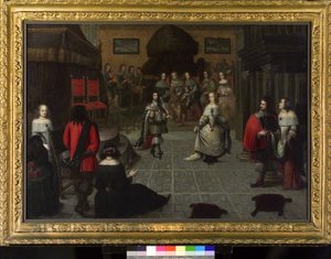 1660 年 5 月，英格兰查尔斯二世（1630-1685 年）在海牙（荷兰）跳舞，可能是与侄女伊丽莎白-范-德-帕尔茨（1616-1680 年）一起，参加恢复其英格兰国王头衔的仪式