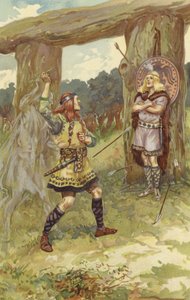 Hodur从Loki手中拿走了槲寄生，Loki引导着他的手臂，然后将它扔向Baldur，并且一声尖叫Baldur死了（chromolitho）