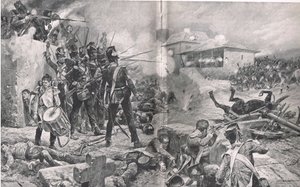 1811年5月16日，第57团在阿尔布埃拉战役中赢得了“死亡之谜”的绰号，来自“英国陆地和海上战役”的插图，由卡塞尔出版，伦敦，2010年 作者 戈登·弗雷德里克·布朗