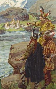 他们看到湖边，三个少女坐着旋转亚麻（chromolitho） 作者 戈登·弗雷德里克·布朗