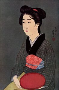 1920 1930年，一位日本女服务员端着托盘。 作者 桥口吾代