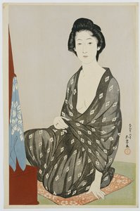 穿着黑色和服的美女，白色的hanabishi图案，坐在镜子前，1920 作者 桥口吾代